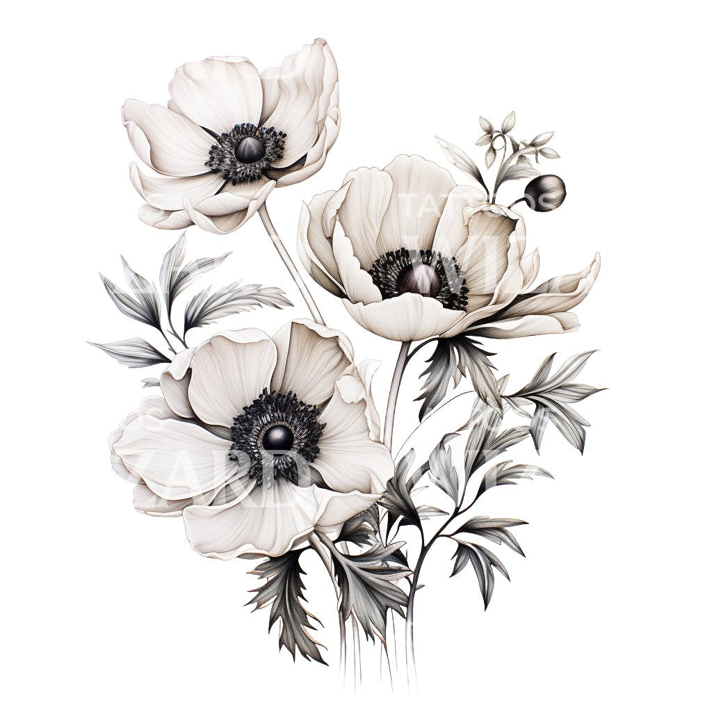 Conception de tatouage de bouquet d'anémones noires et grises