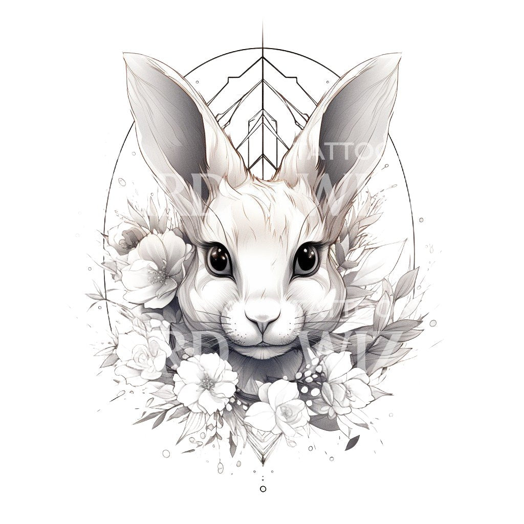 Rabbit and Flowers Tattoo Design