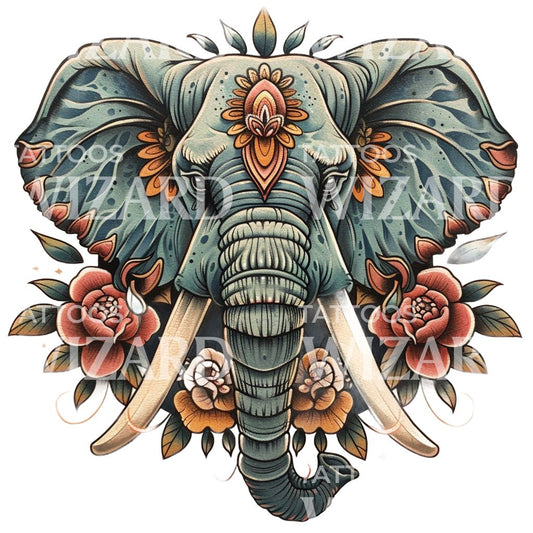 Conception de tatouage de tête d'éléphant indien à l'ancienne
