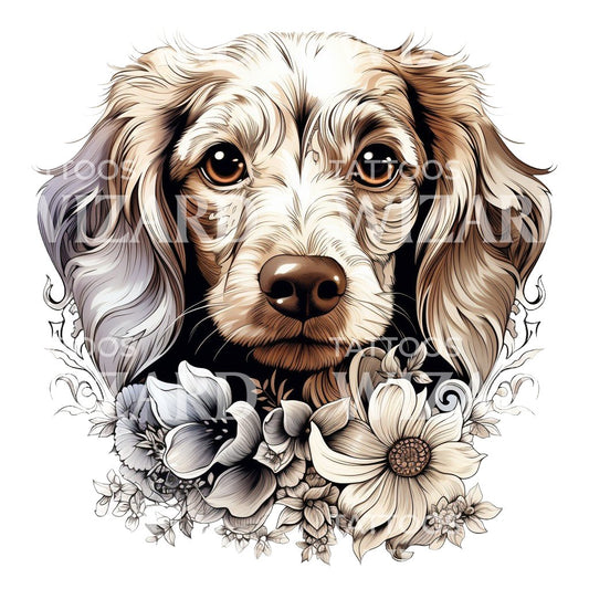 Cute Daschund Puppy With Flowers Tattoo