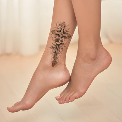Delicate Cross with Flowers Tattoo Design