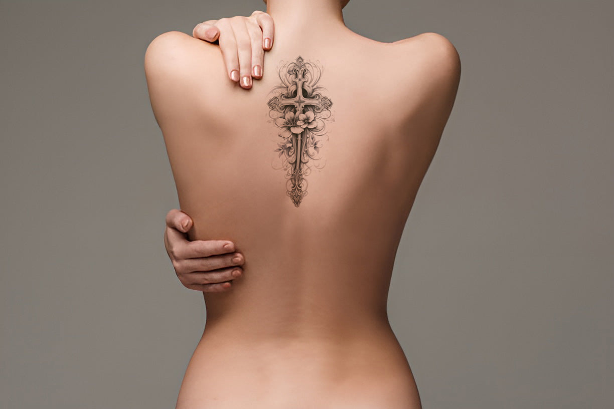 Delicate Cross with Flowers Tattoo Design