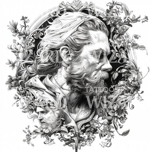 Kunstvolles Tattoo mit Porträt eines Wikingergottes