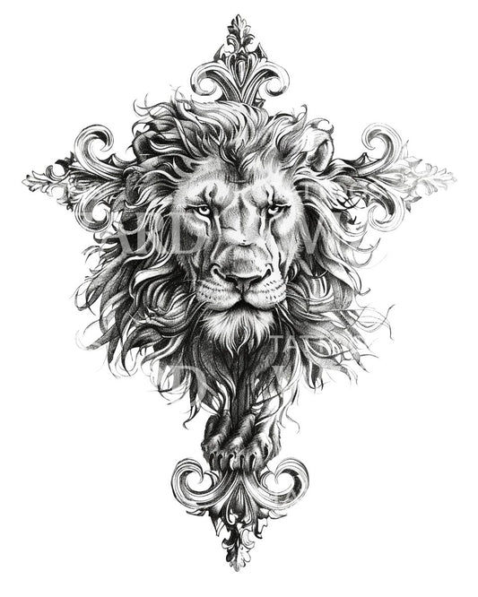 A Imponent Lion Face And Cross Tattoo Design