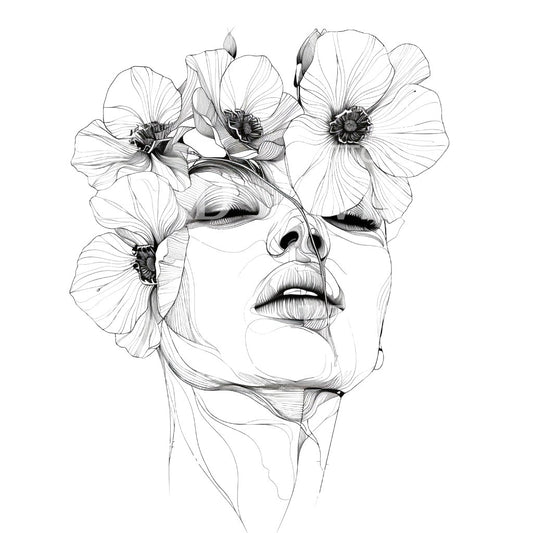 Single Line Woman Portrait and Flowers Tattoo Design