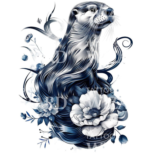 Majestic Sea Otter and Flowers Tattoo Design