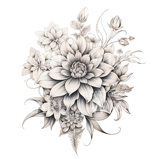 Black & Grey Flower Bouquet Tattoo Design