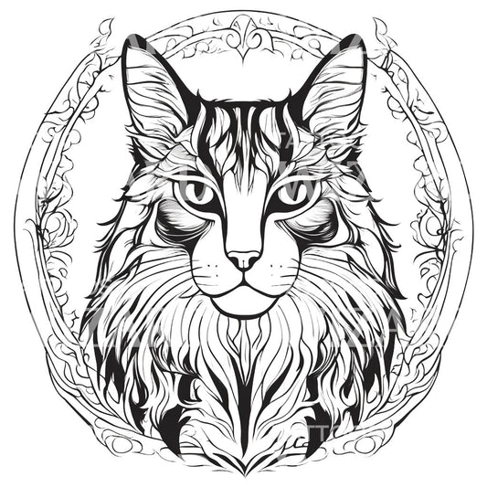 Norwegian Forest Cat Head with Patterns Circle Tattoo Design