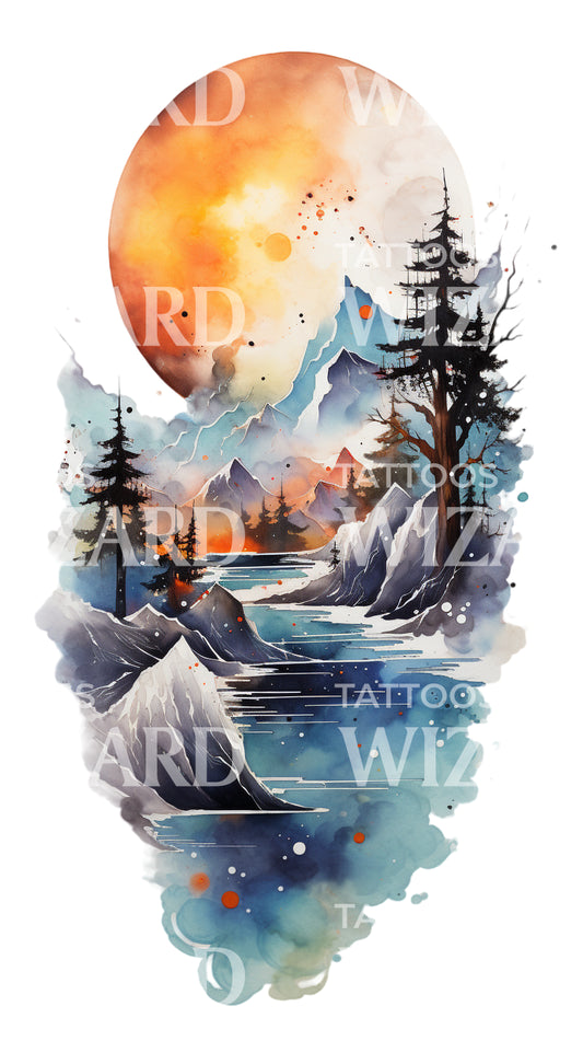 Conception de tatouage de paysage de montagne aquarelle à demi-manches