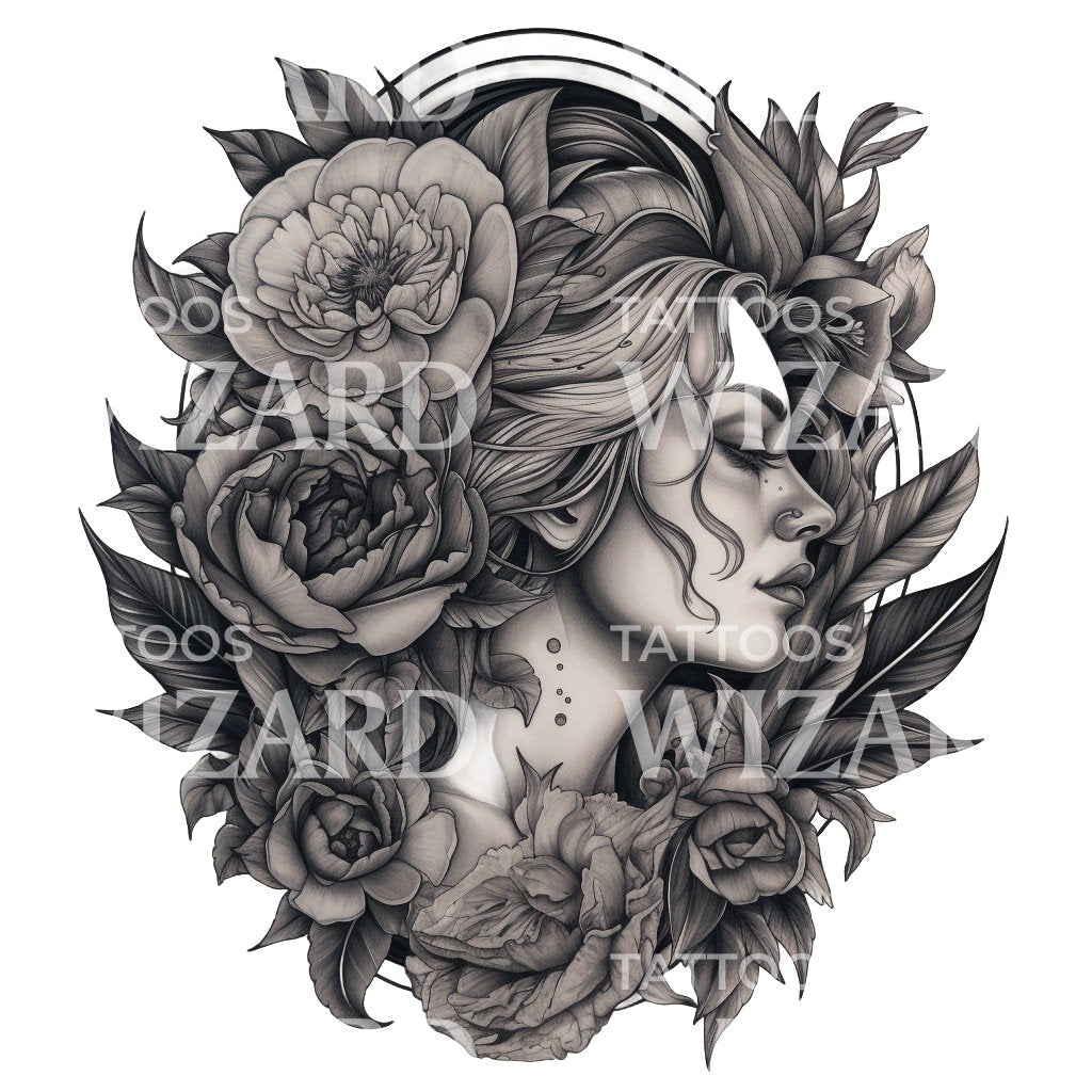 Black and Grey Realism Woman With Flowers