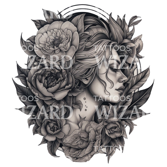 Black and Grey Realism Woman With Flowers
