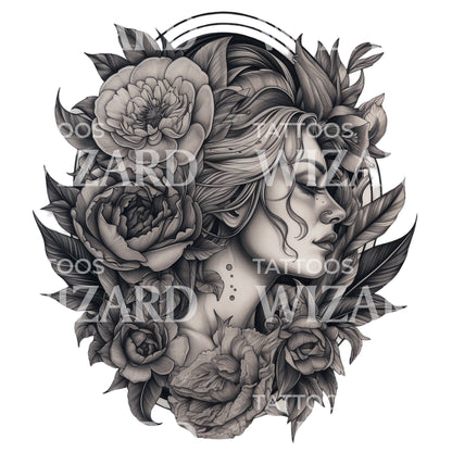 Black and Grey Realism Woman With Flowers