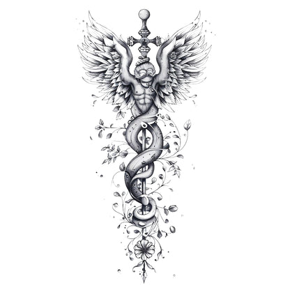 Angelic Caduceus Floral Tattoo Design