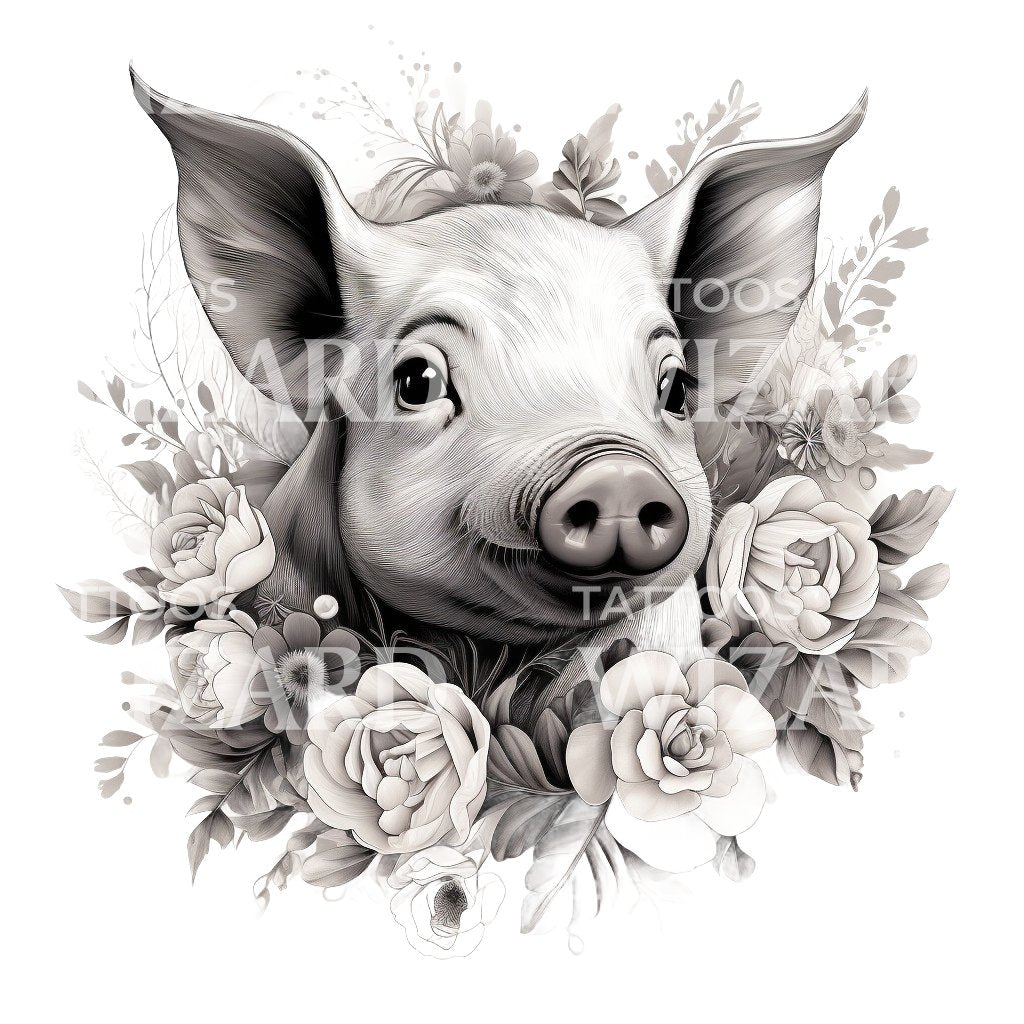 Teacup Pig with Flowers Tattoo Design