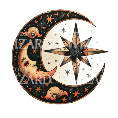 Cosmic Moon and Morning Star Tattoo Design