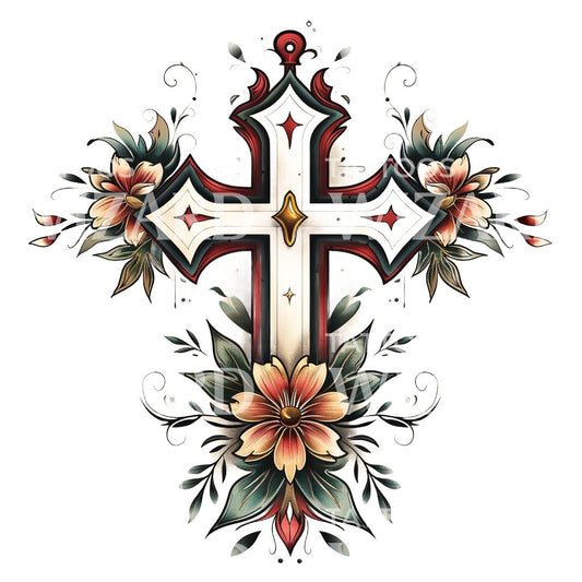 Old School Memorial Cross and Flowers Tattoo Design
