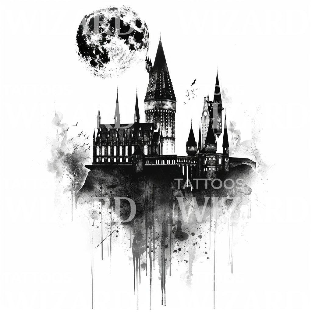 Tattoo-Design „Schloss Hogwarts im Mondlicht“