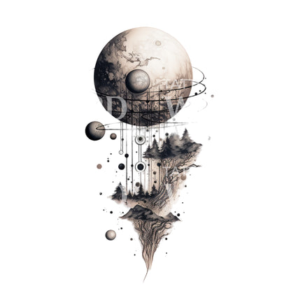 Planet and Landscape Dotwork Tattoo Design