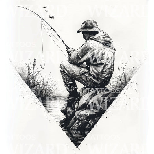 Man Fishing on Rock Tattoo Design