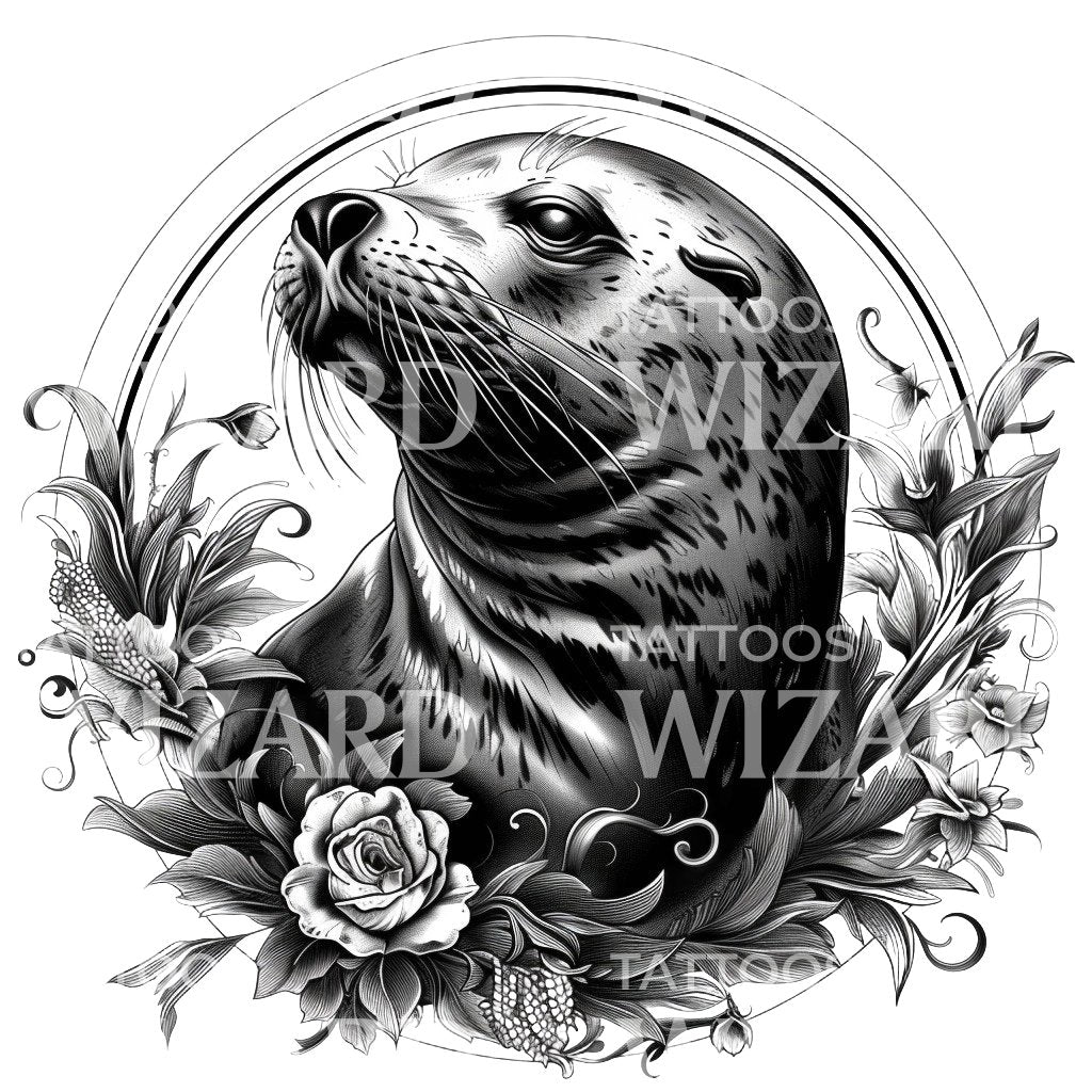 Portrait de phoque mignon et conception de tatouage de fleurs