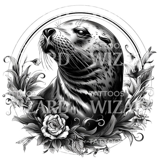 Cute Seal Portrait and Flowers Tattoo Design