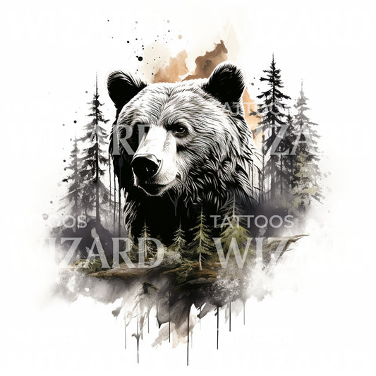 Ours brun dans la conception de tatouage de la forêt
