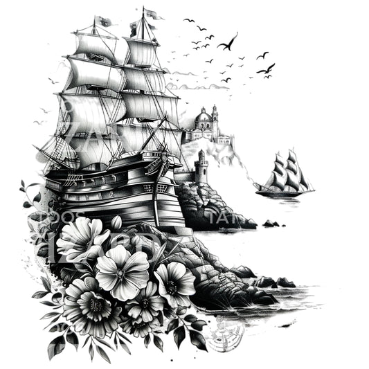 Boat Explorer with Flowers Tattoo Design