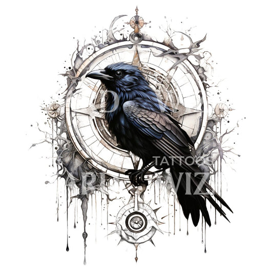 Raven on Compass Tattoo Design