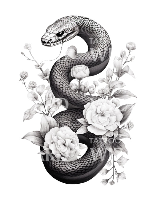 Snake with Peonies Tattoo Design