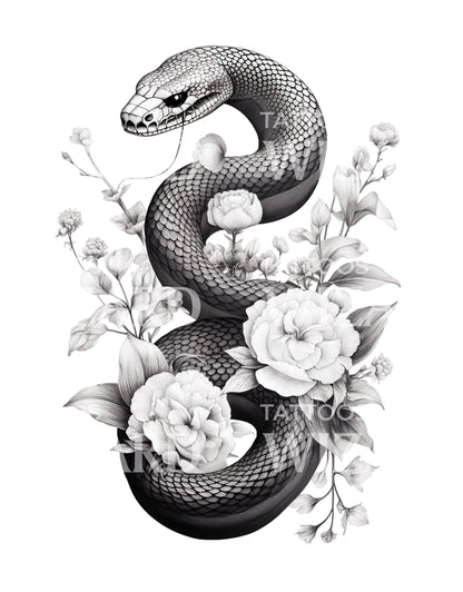 Snake with Peonies Tattoo Design