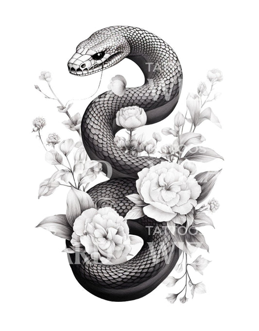 Conception de tatouage de serpent avec des pivoines