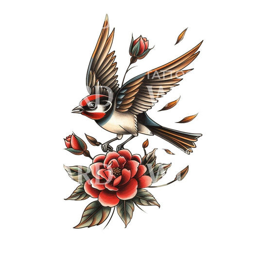 Old School Swallow Bird and Roses Tattoo Design