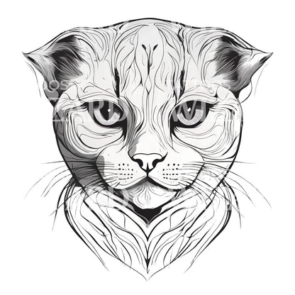 Scottish Fold Cat Head with Patterns Tattoo Design