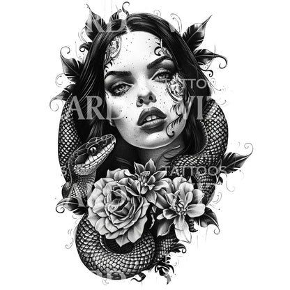 Woman Portrait with Snake Tattoo Design