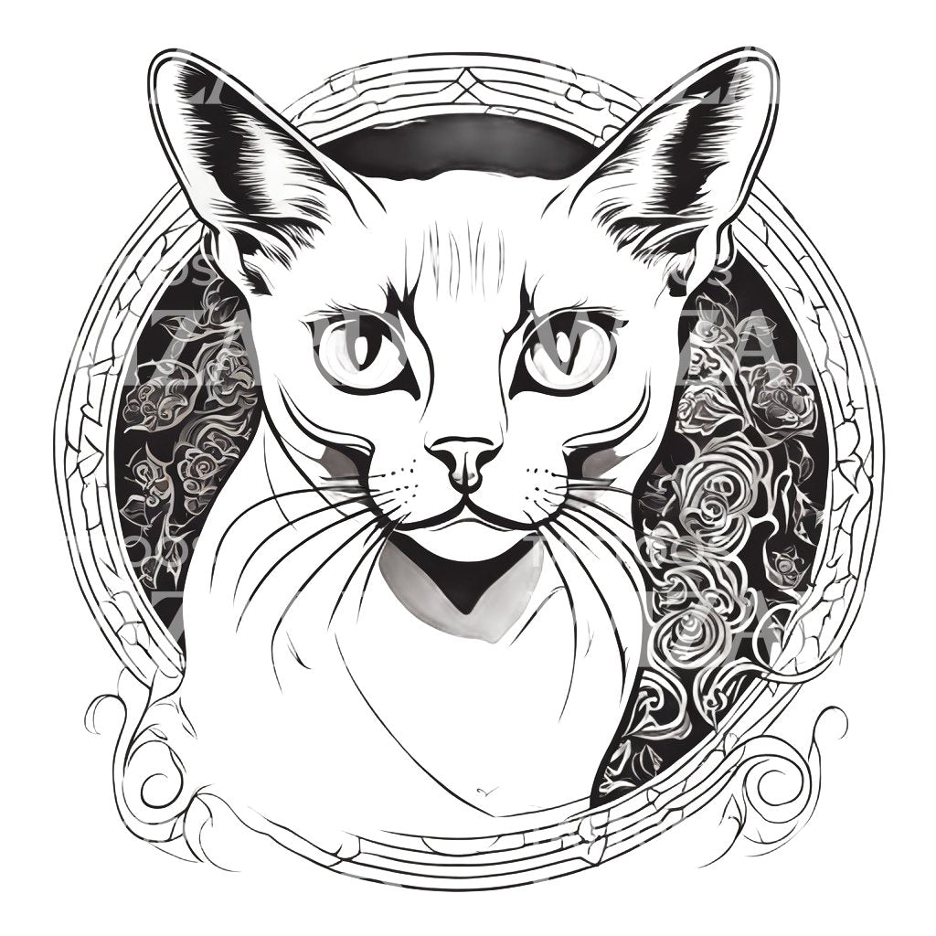 Burmese Cat Head with Floral Patterns Circle Tattoo Design