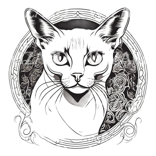 Kopf einer Burma-Katze mit floralem Muster und Kreis-Tattoo-Design