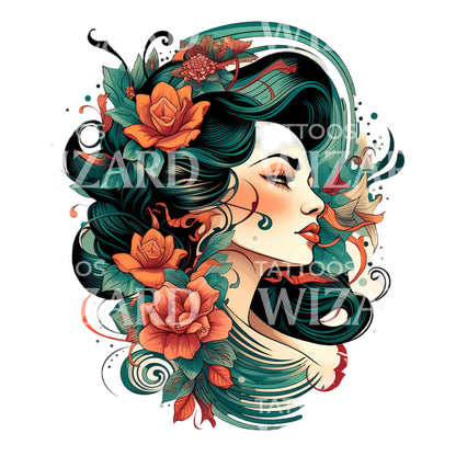 Neo Traditional Woman and Flowers Design