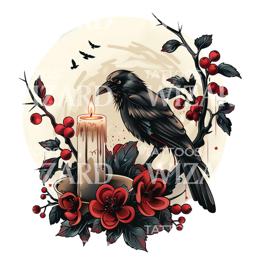 Old School Crow and Candle Tattoo Design