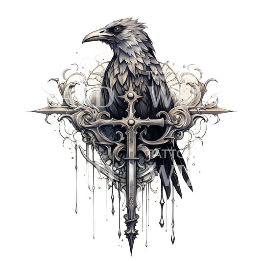 Black and Grey Crow and Dagger Tattoo Design