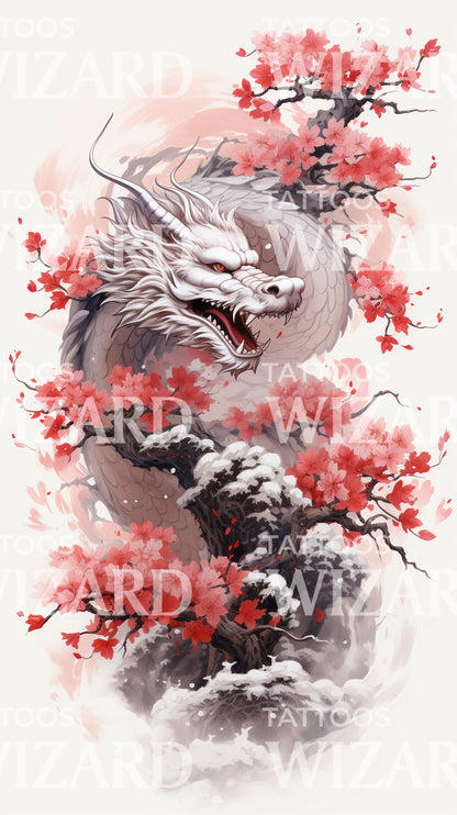 Japanese Halfsleeve Dragon and Sakura Tattoo Design