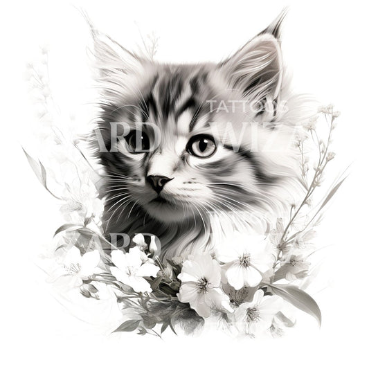 Cute Tiny Kitten Portrait Flowers Tattoo Design