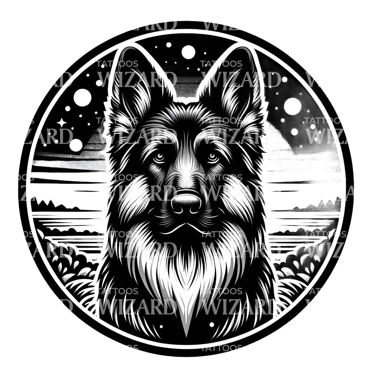 Deutscher Schäferhund in der Nacht Tattoo-Design