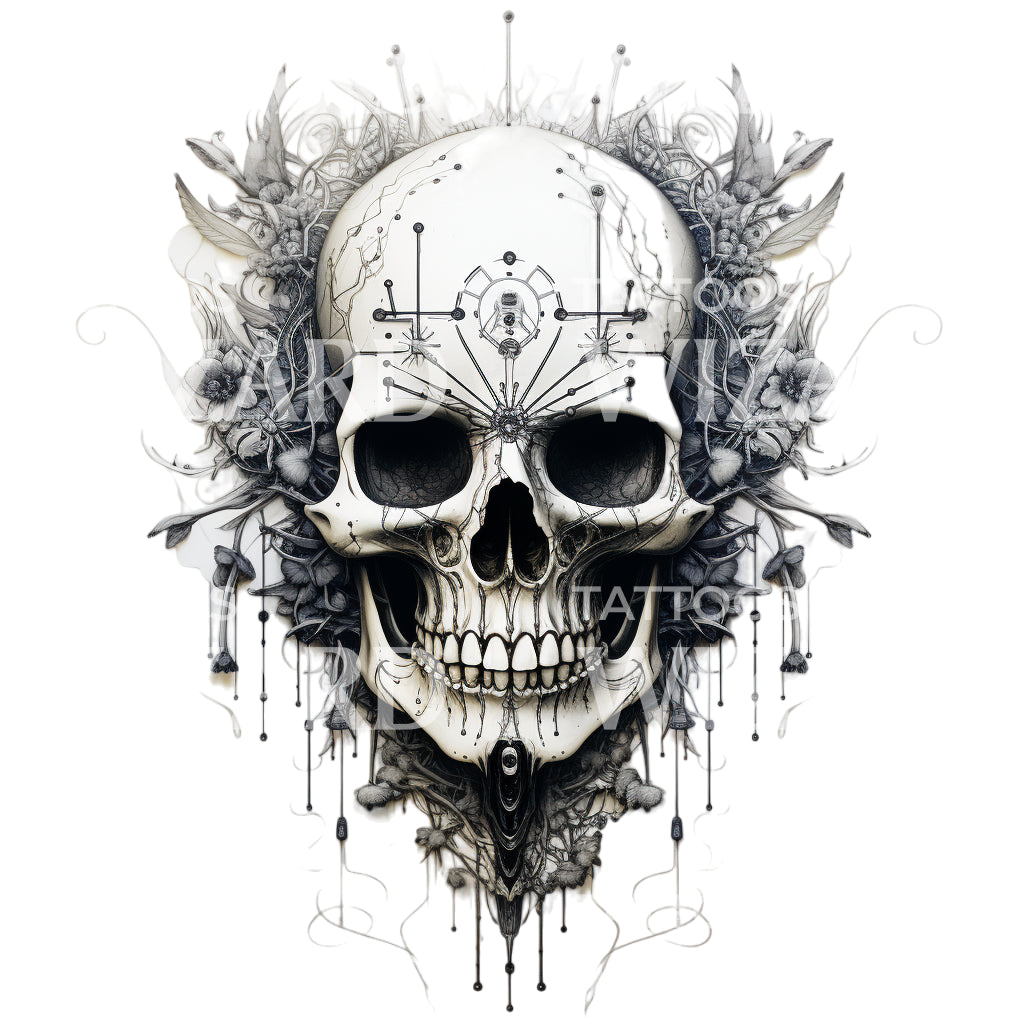 Blackwork Skull with Symbols Tattoo Design – Tattoos Wizard Designs