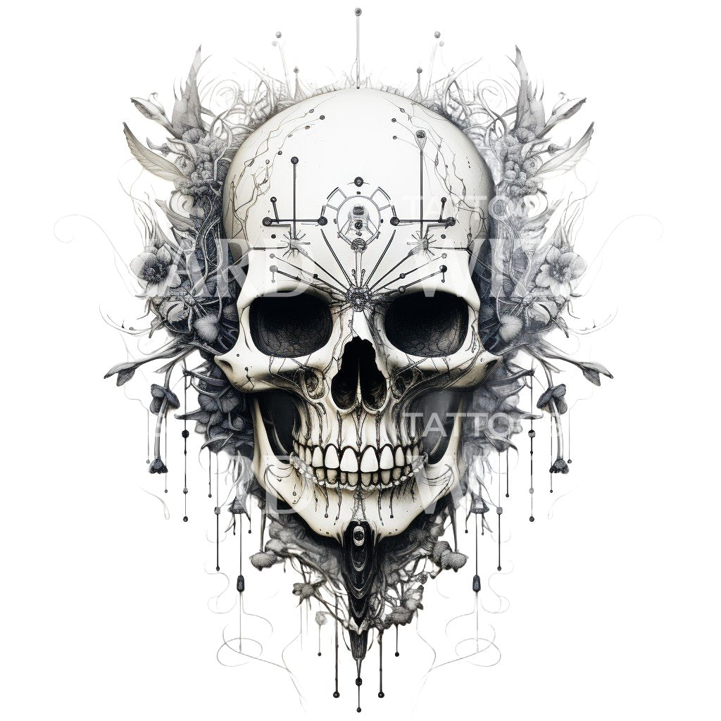 Blackwork Skull with Symbols Tattoo Design