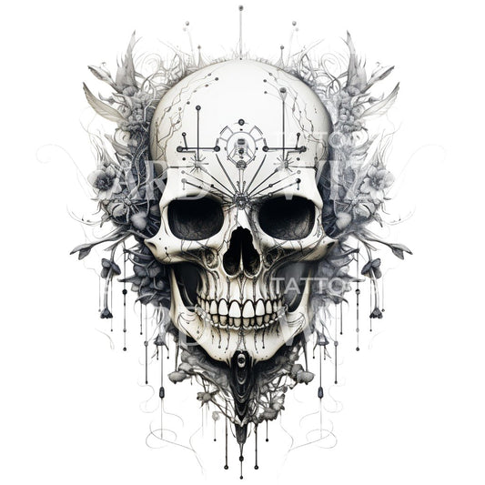Blackwork Totenkopf mit Symbolen Tattoo Design