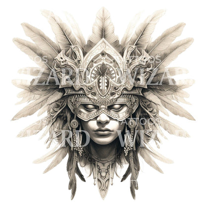 Black and Grey Warrior Shaman Lady Head Tattoo Design