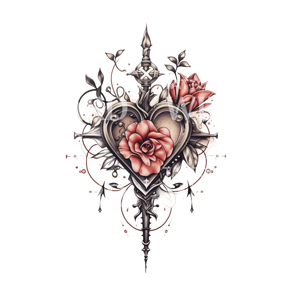 Conception de tatouage néo traditionnel de poignard en forme de coeur