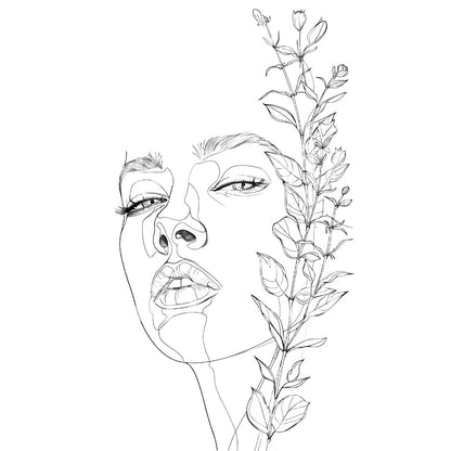 Single Line Woman Portrait and Plant Tattoo Design