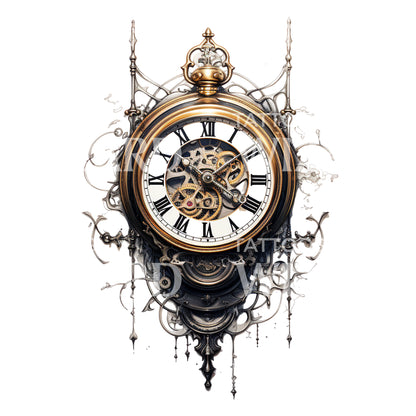 Black and Grey Vintage Clock Tattoo Design