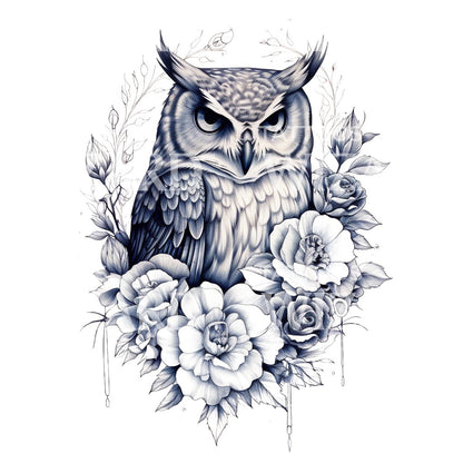 Black and Grey Owl and Flowers Design